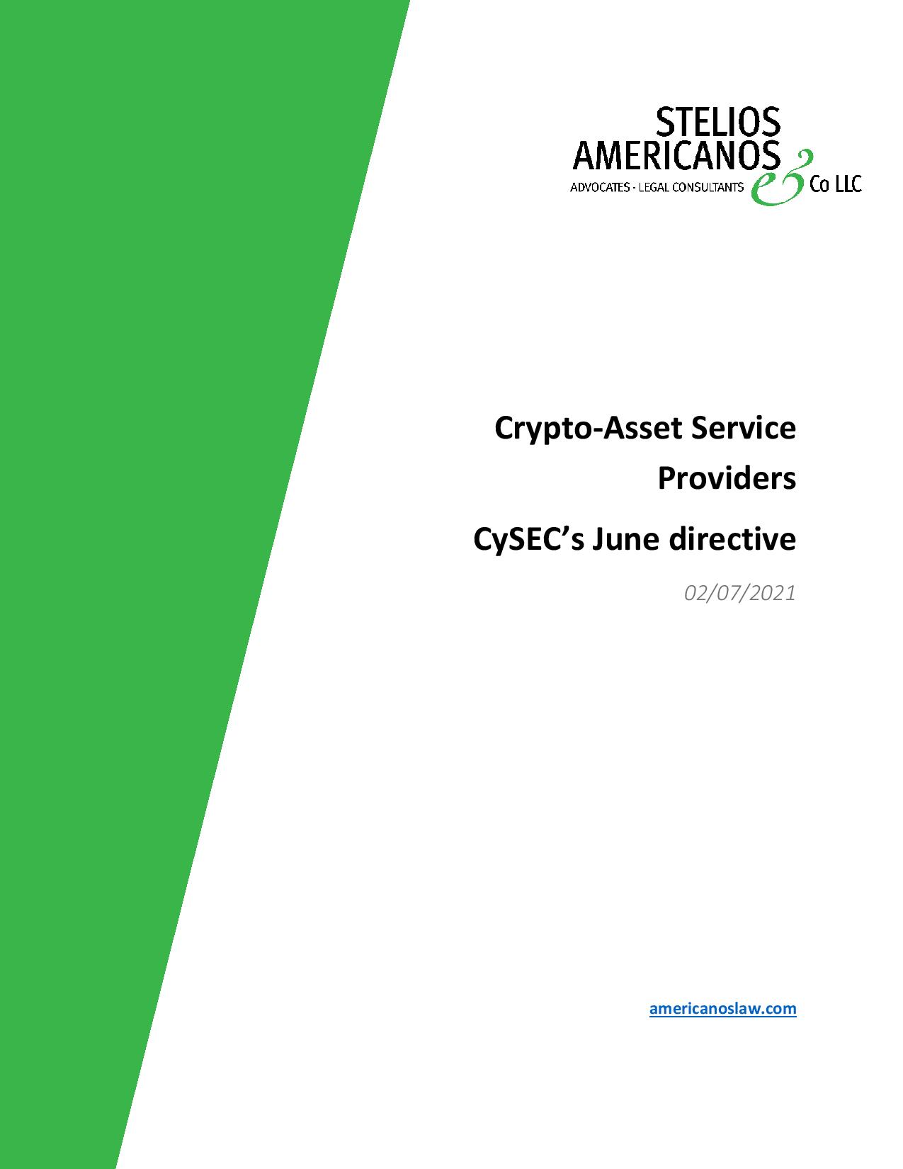 Stelios Americanos & Co LLC: Crypto-Asset Service Providers CySEC’s June directive