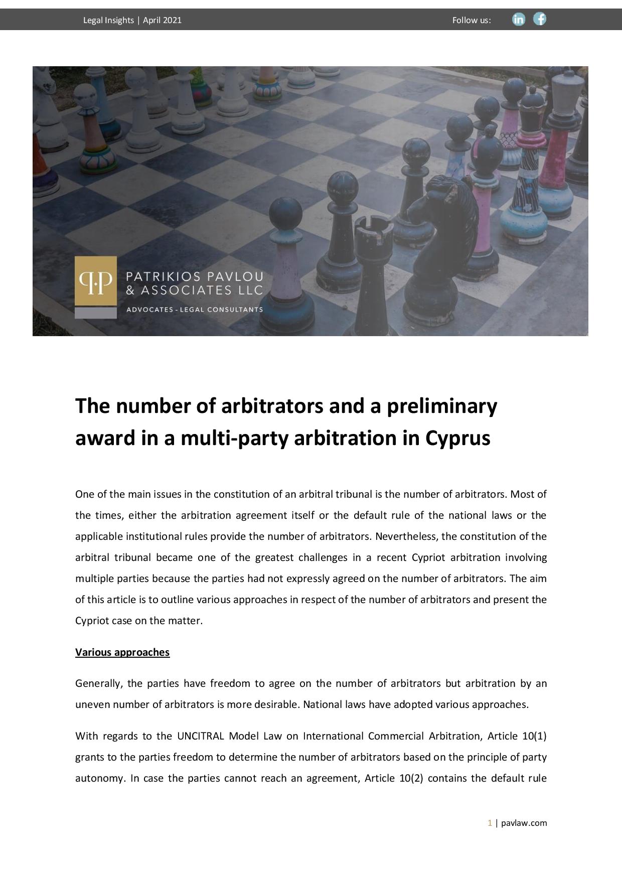 Patrikios Pavlou & Associates LLC: The number of arbitrators and a preliminary award in a multi-party arbitration in Cyprus