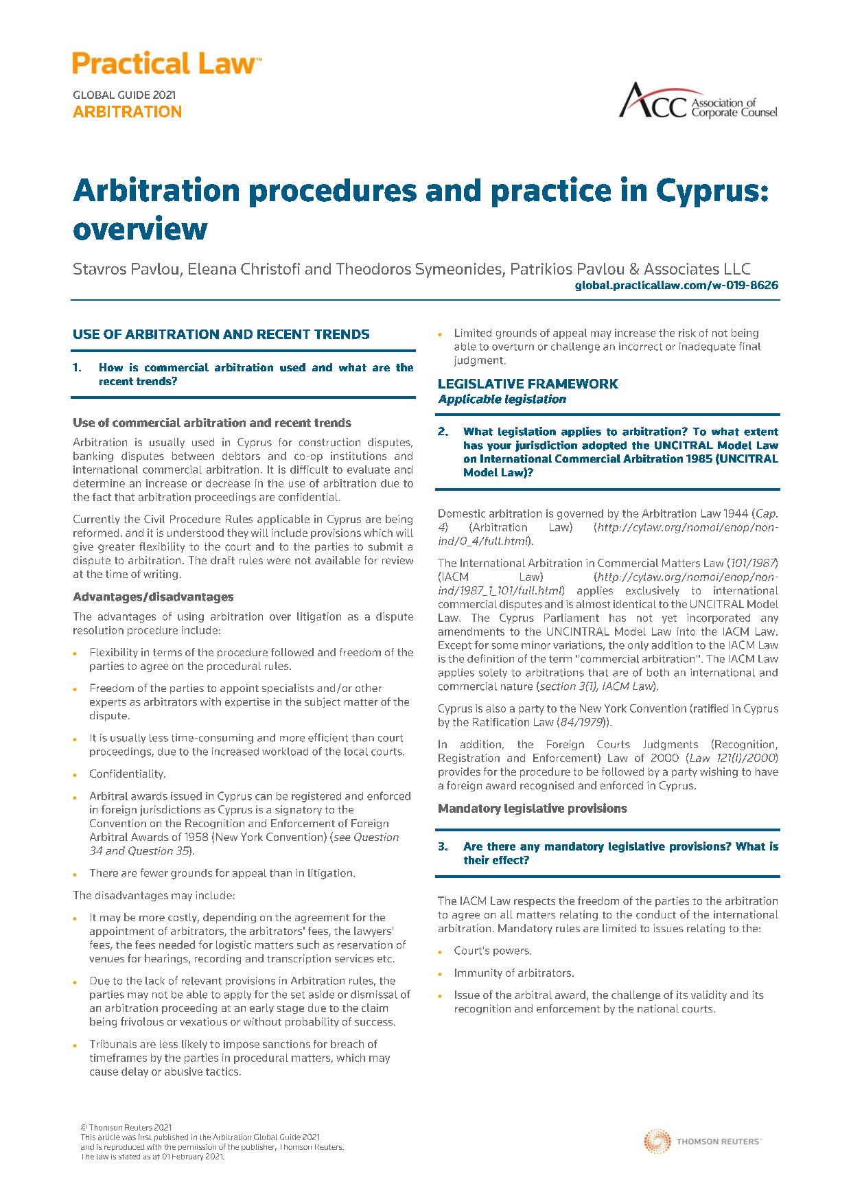 Patrikios Pavlou & Associates LLC: Arbitration procedures and practice in Cyprus: overview