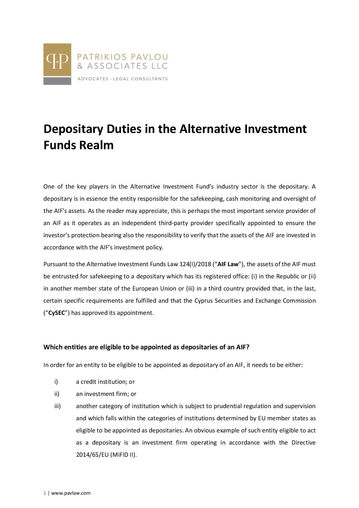 Patrikios Pavlou & Associates LLC: Depositary Duties in the Alternative Investment Funds Realm