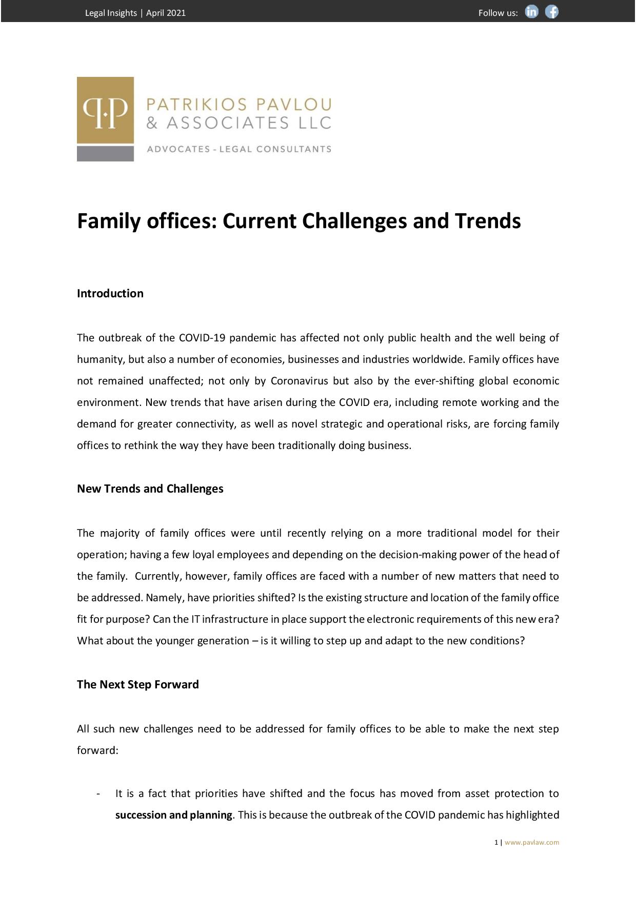Patrikios Pavlou & Associates LLC: Family Offices: Current Challenges and Trends