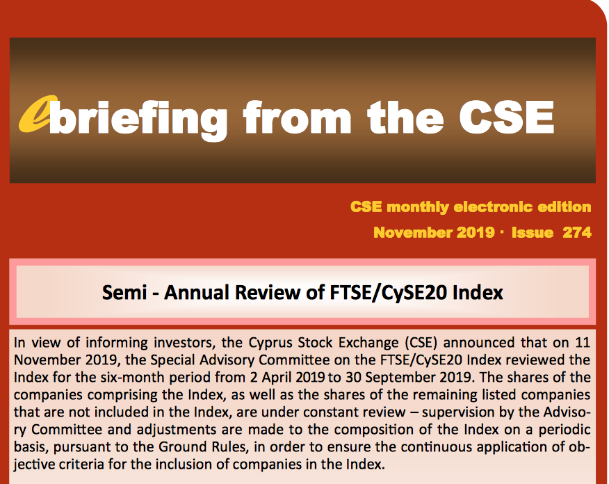 CSE: Semi-Annual Review of FTSE/CySE20 Index