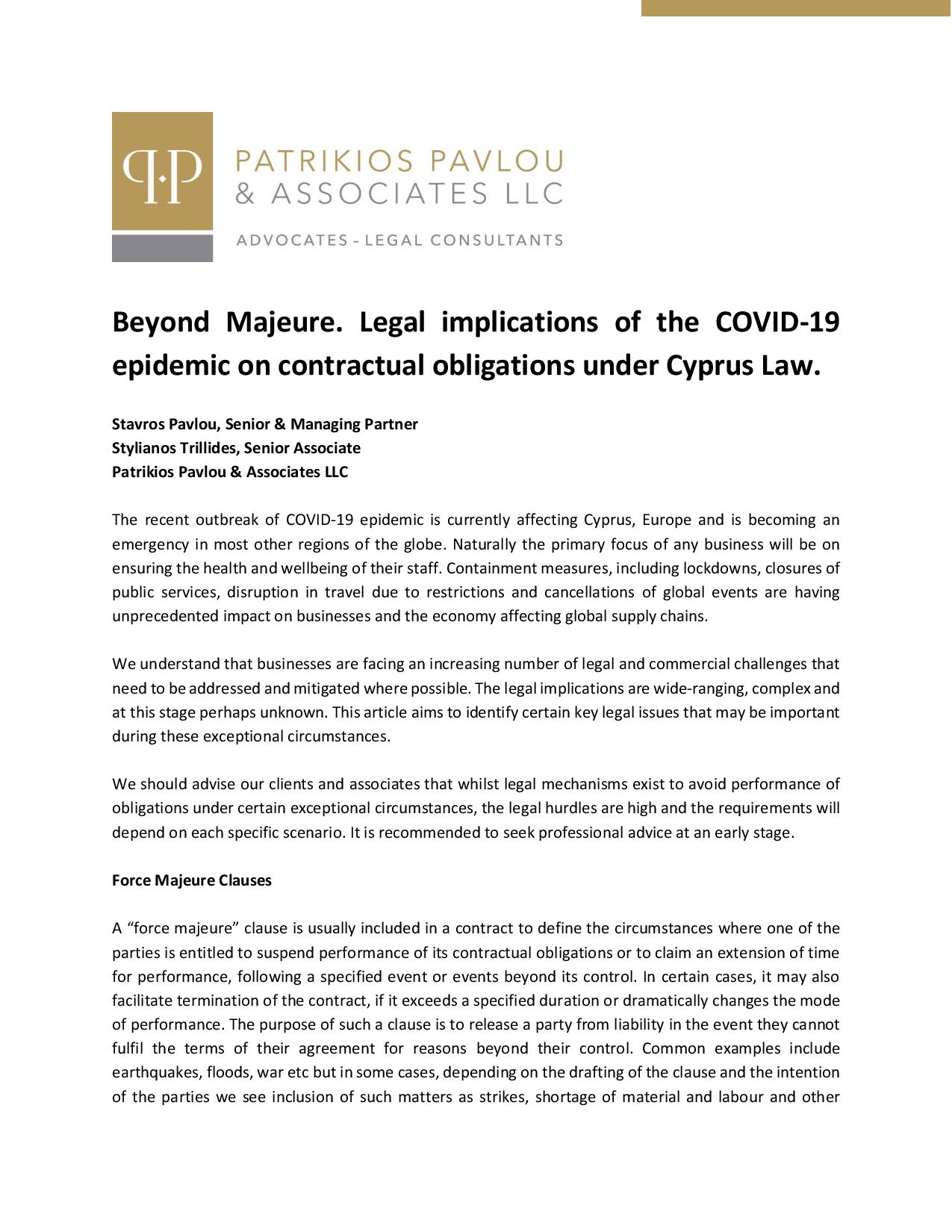 Beyond Majeure. Legal implications of the COVID-19 epidemic on contractual obligations under Cyprus Law.