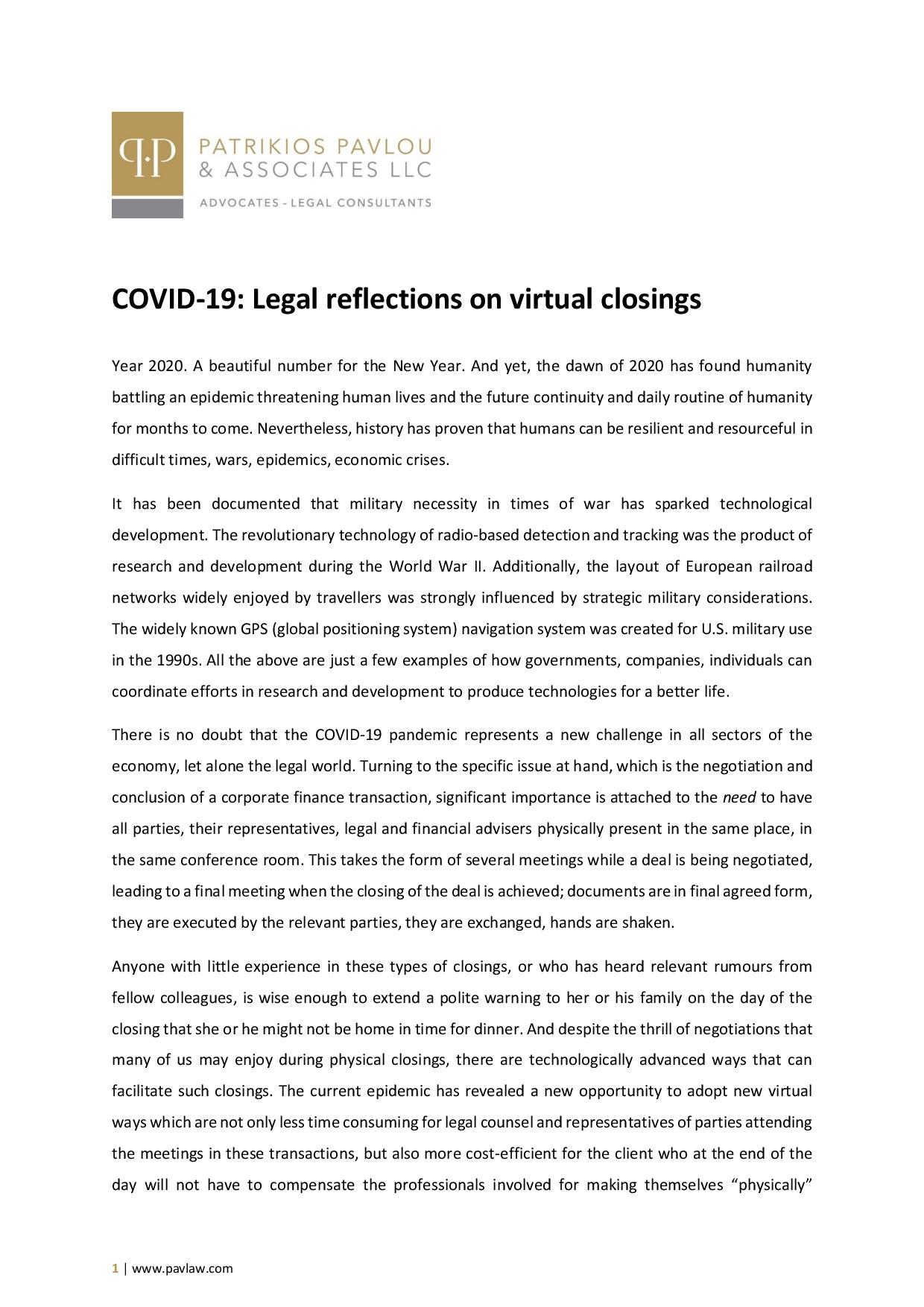 Patrikios Pavlou & Associates LLC: COVID-19: Legal reflections on virtual closings