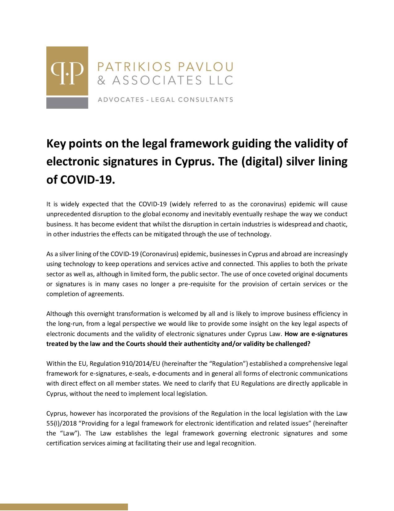 Key points on the legal framework guiding the validity of electronic signatures in Cyprus. The (digital) silver lining of COVID-19.