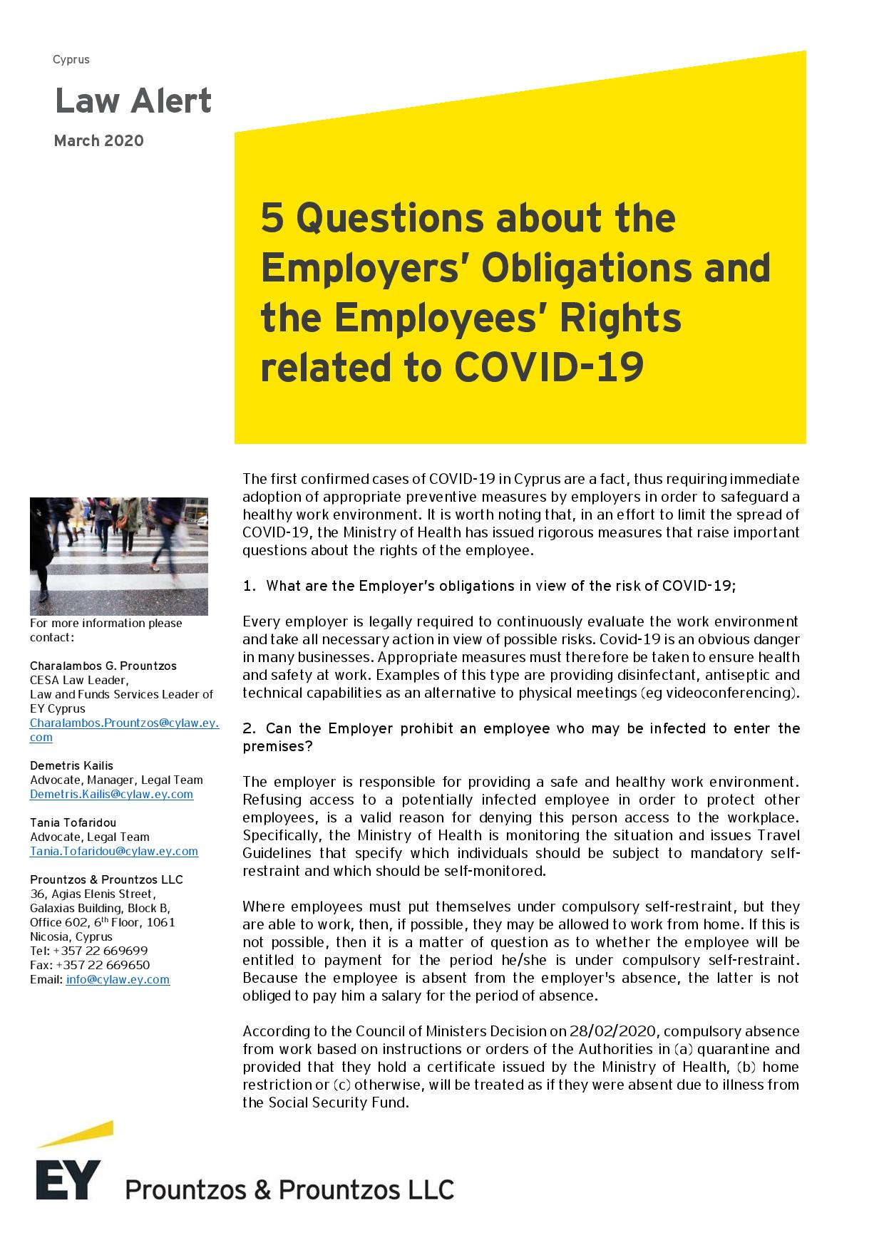 EY Cyprus: 5 Questions about the Employers’ Obligations and the Employees’ Rights related to COVID-19