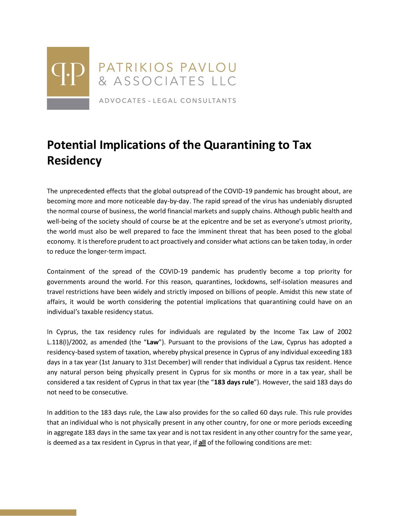 Patrikios Pavlou & Associates LLC: Potential Implications of the Quarantining to Tax Residency