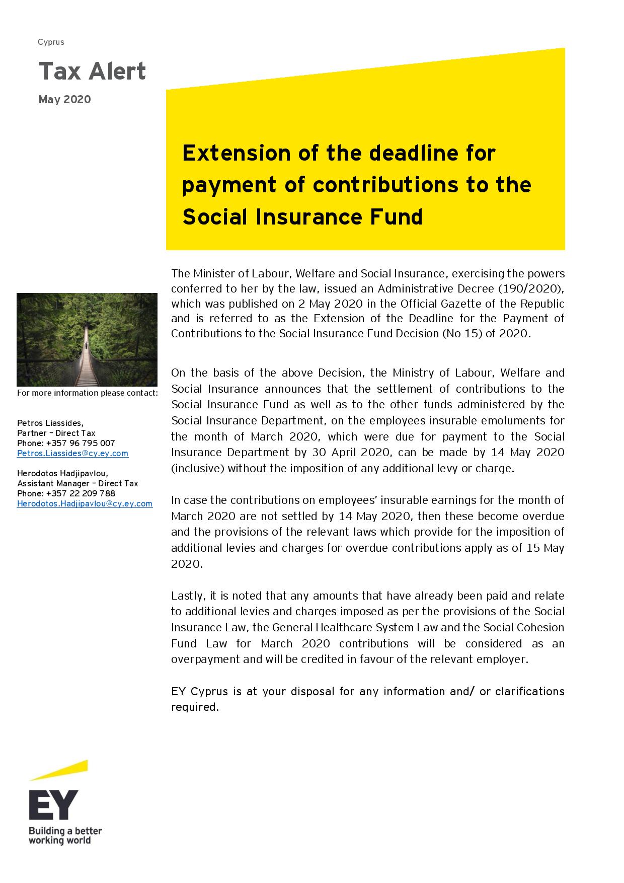 EY Cyprus: Extension of the deadline for payment of contributions to the Social Insurance Fund
