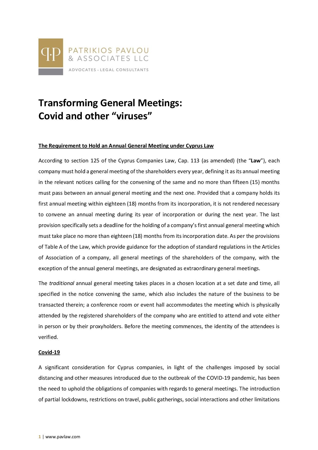 Patrikios Pavlou & Associates LLC: Transforming General Meetings: Covid and other “viruses”