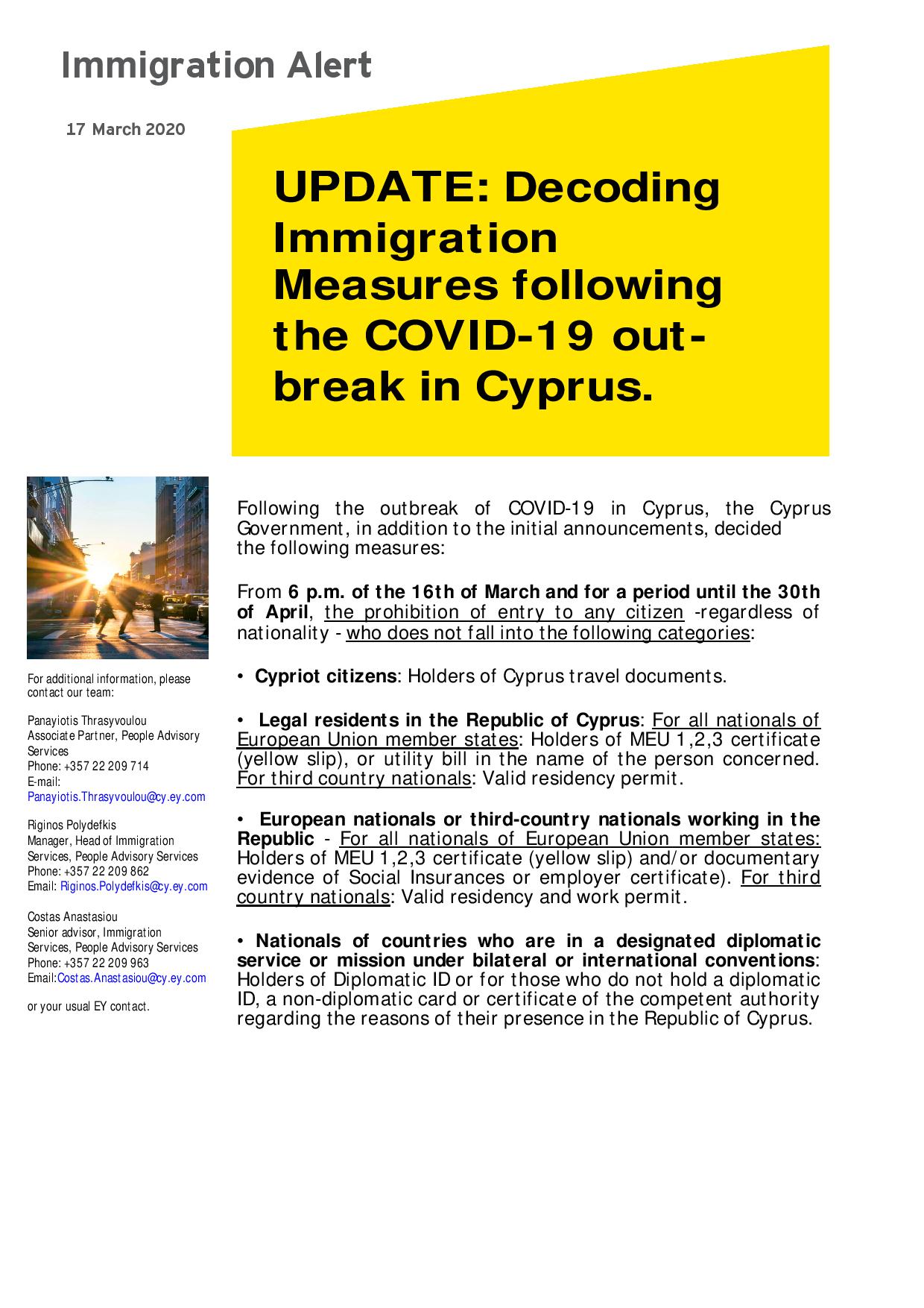 EY Cyprus: UPDATE: Decoding Immigration Measures following the COVID-19 outbreak in Cyprus