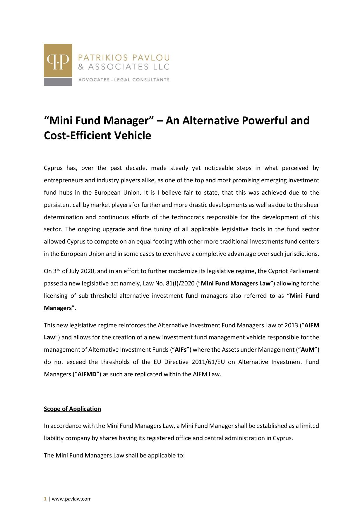 Patrikios Pavlou & Associates LLC: “Mini Fund Manager” – An Alternative Powerful and Cost-Efficient Vehicle