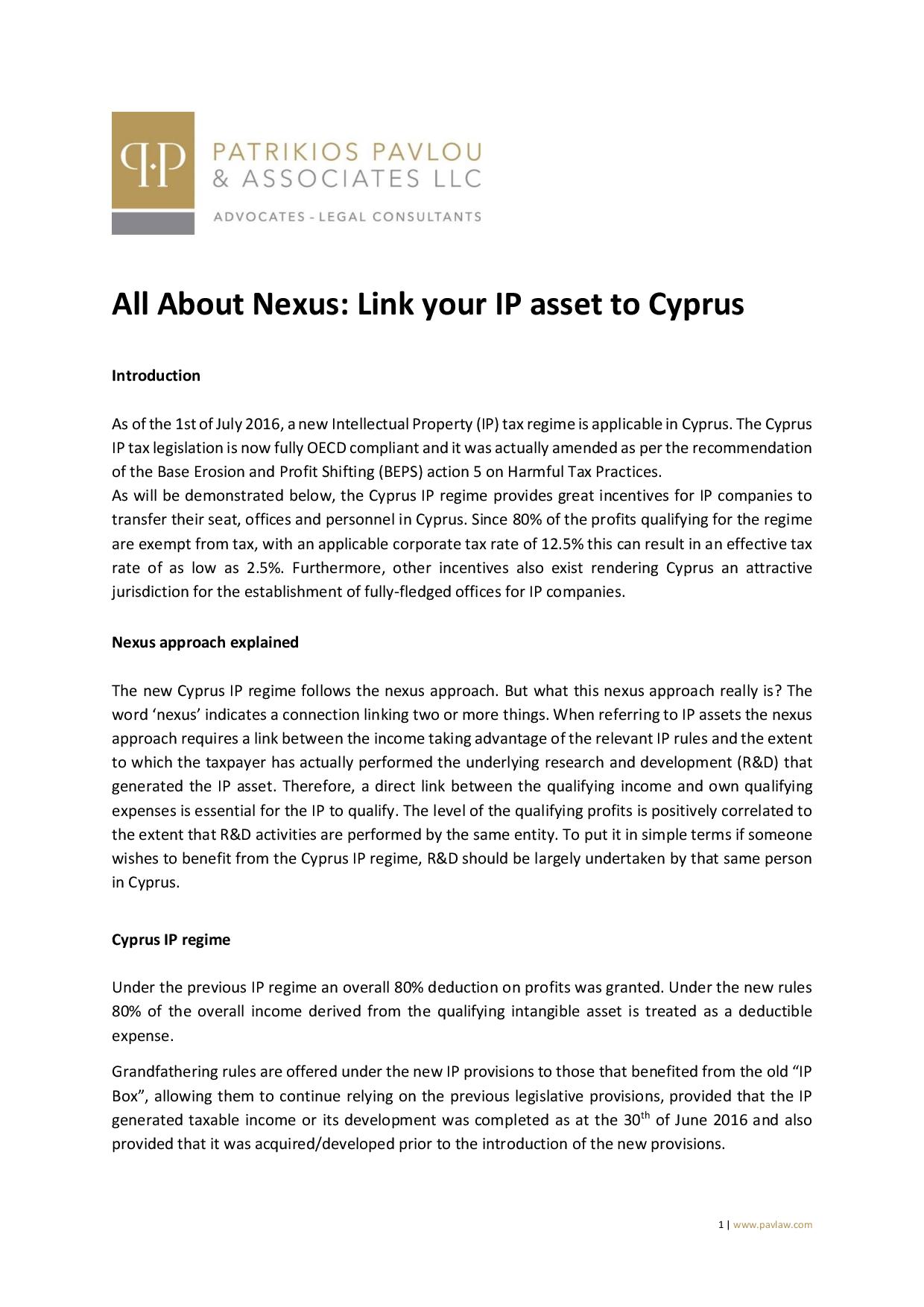 Patrikios Pavlou & Associates LLC: All About Nexus - Link your IP asset to Cyprus