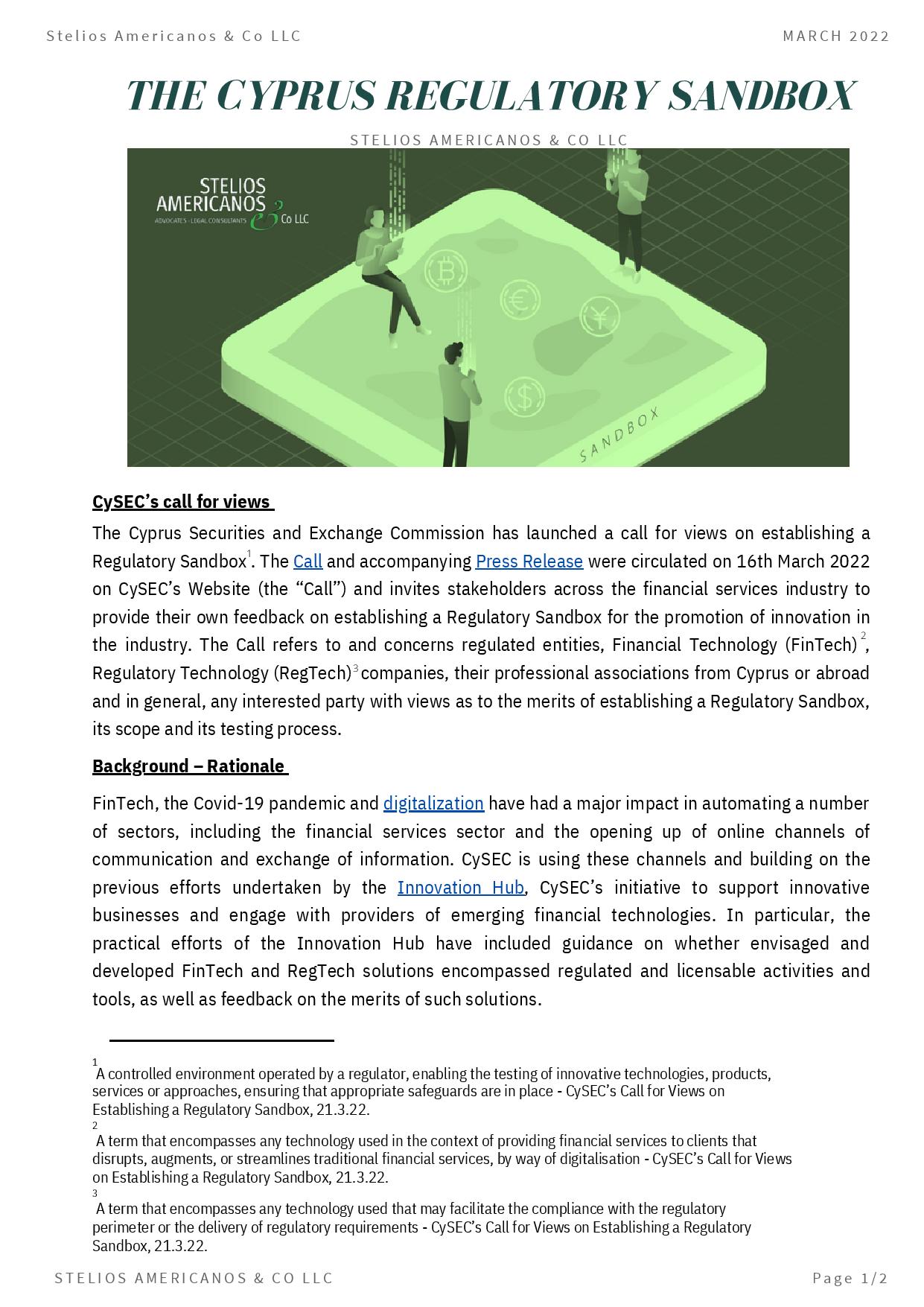 Stelios Americanos & Co LLC: The Cyprus Regulatory Sandbox