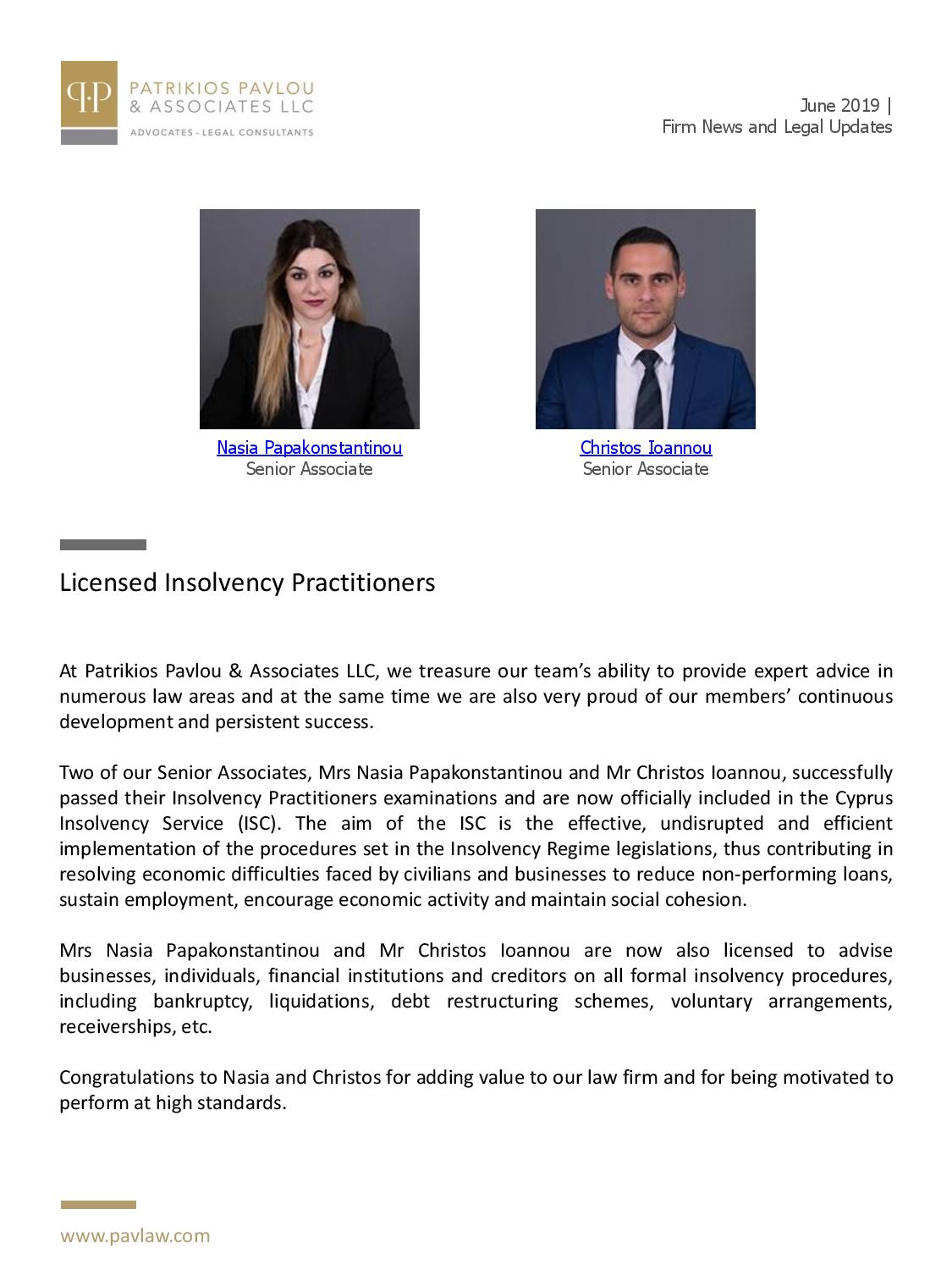 Patrikios Pavlou & Associates LLC Newsletter June 2019