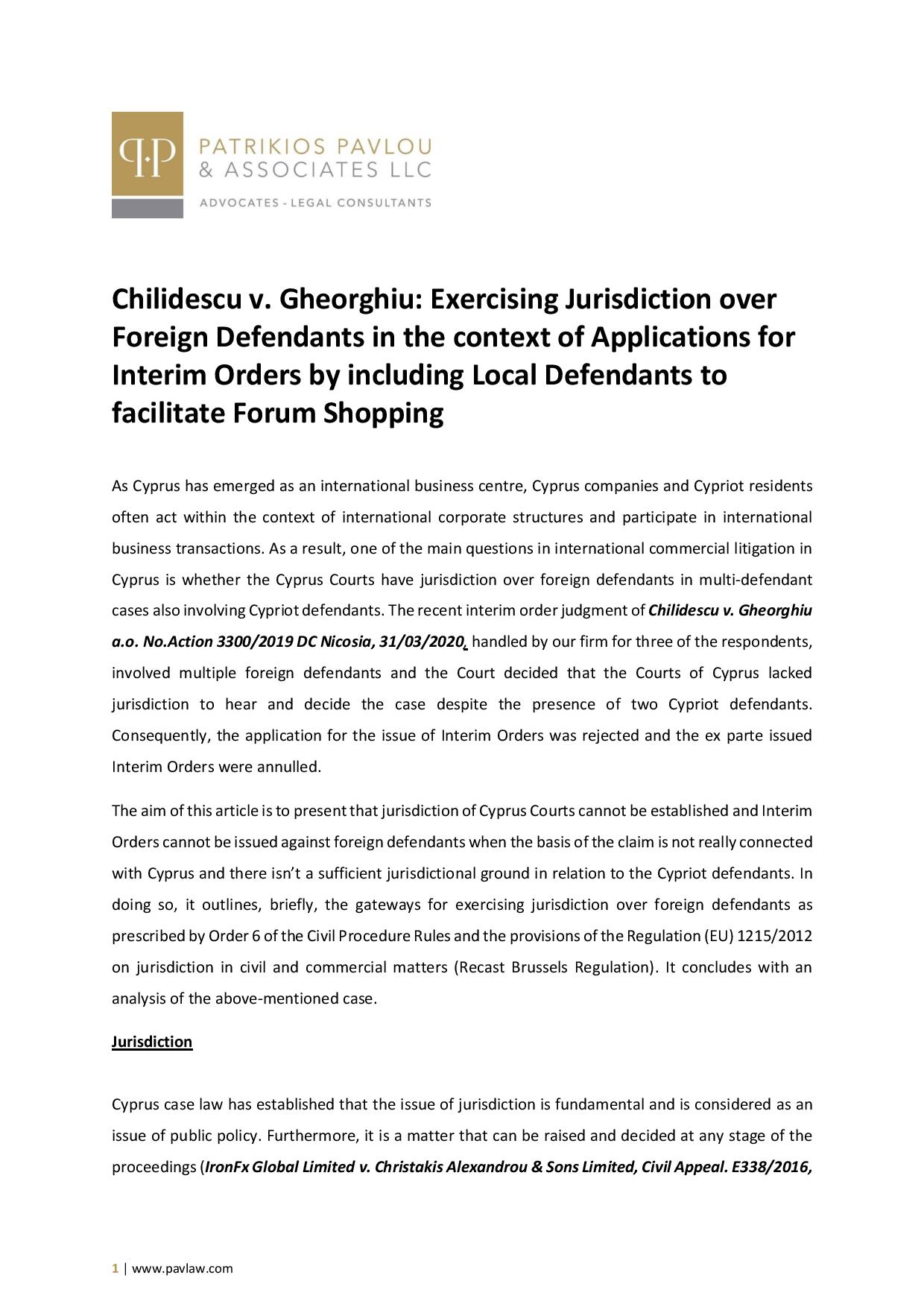 Patrikios Pavlou & Associates LLC: Chilidescu v. Gheorghiu