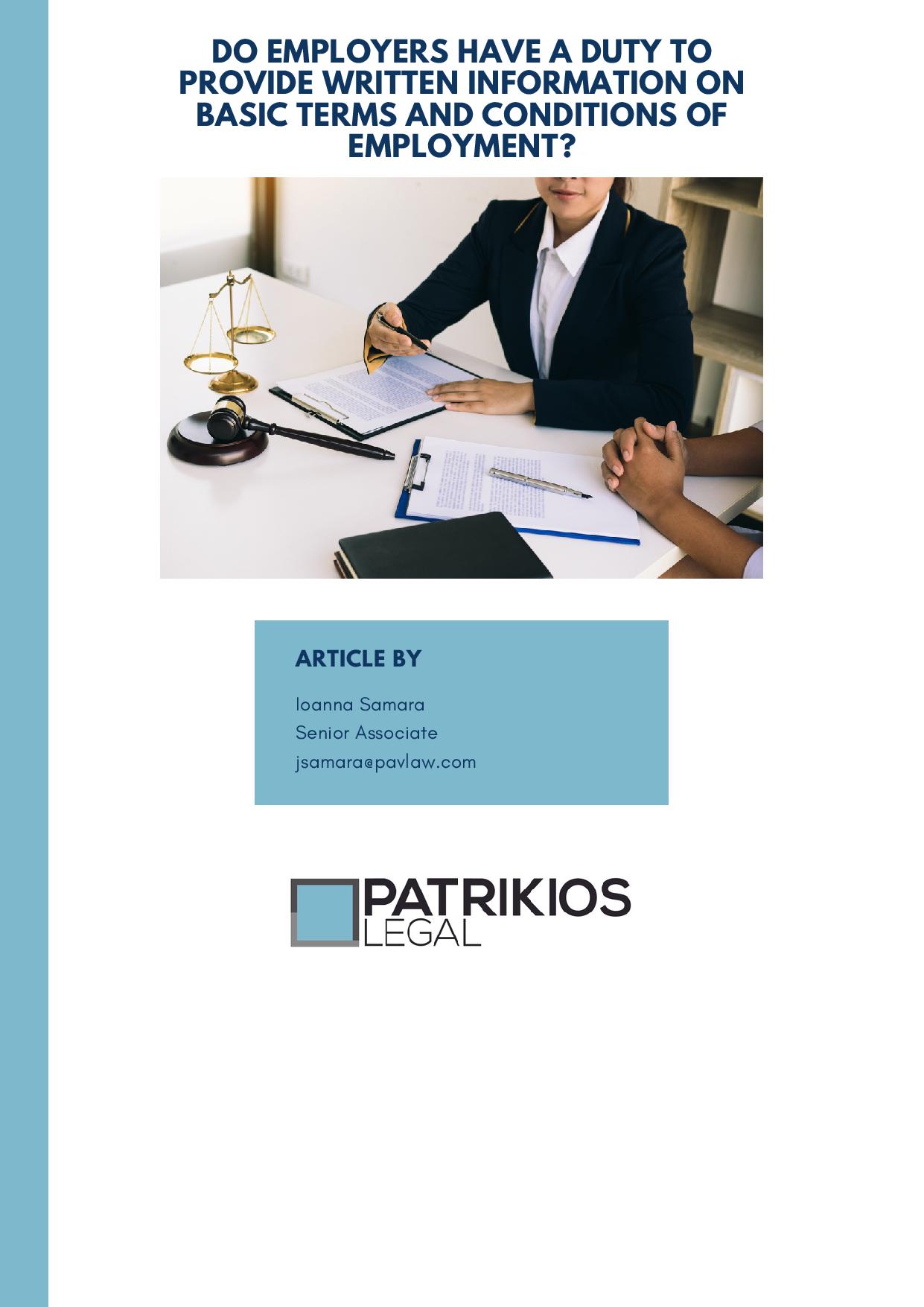 Patrikios Legal: Do Employers have a duty to provide written information on basic terms and conditions of employment?