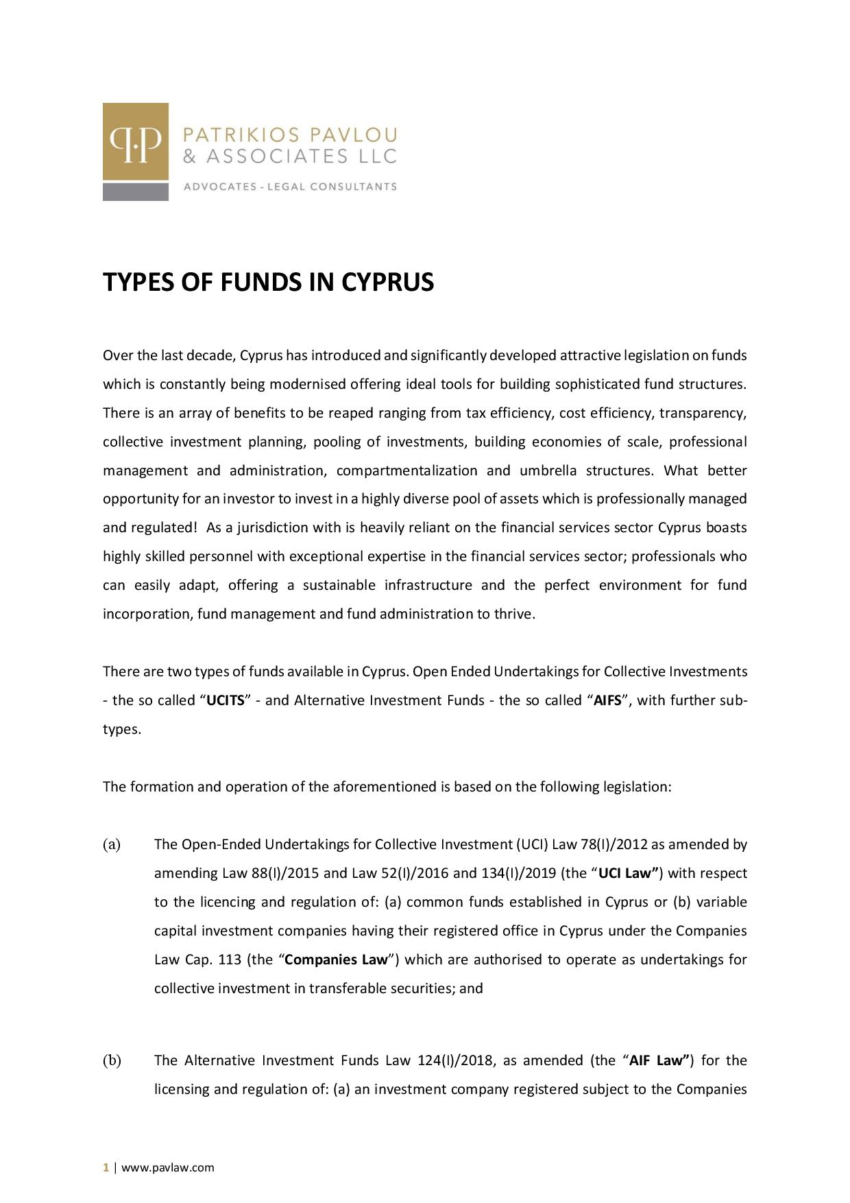 Patrikios Pavlou & Associates LLC: Types of Cyprus Funds